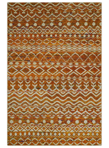 Hand Knotted Gold, Rust and Ivory Modern Contemporary Tribal Trellis Recycled Silk Area Rug