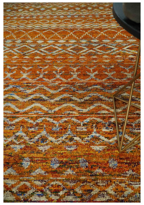 Hand Knotted Gold, Rust and Ivory Modern Contemporary Tribal Trellis Recycled Silk Area Rug