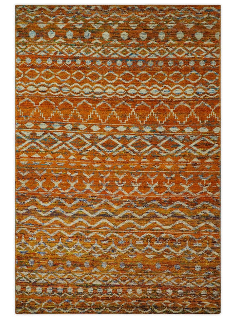 Hand Knotted Gold, Rust and Ivory Modern Contemporary Tribal Trellis Recycled Silk Area Rug