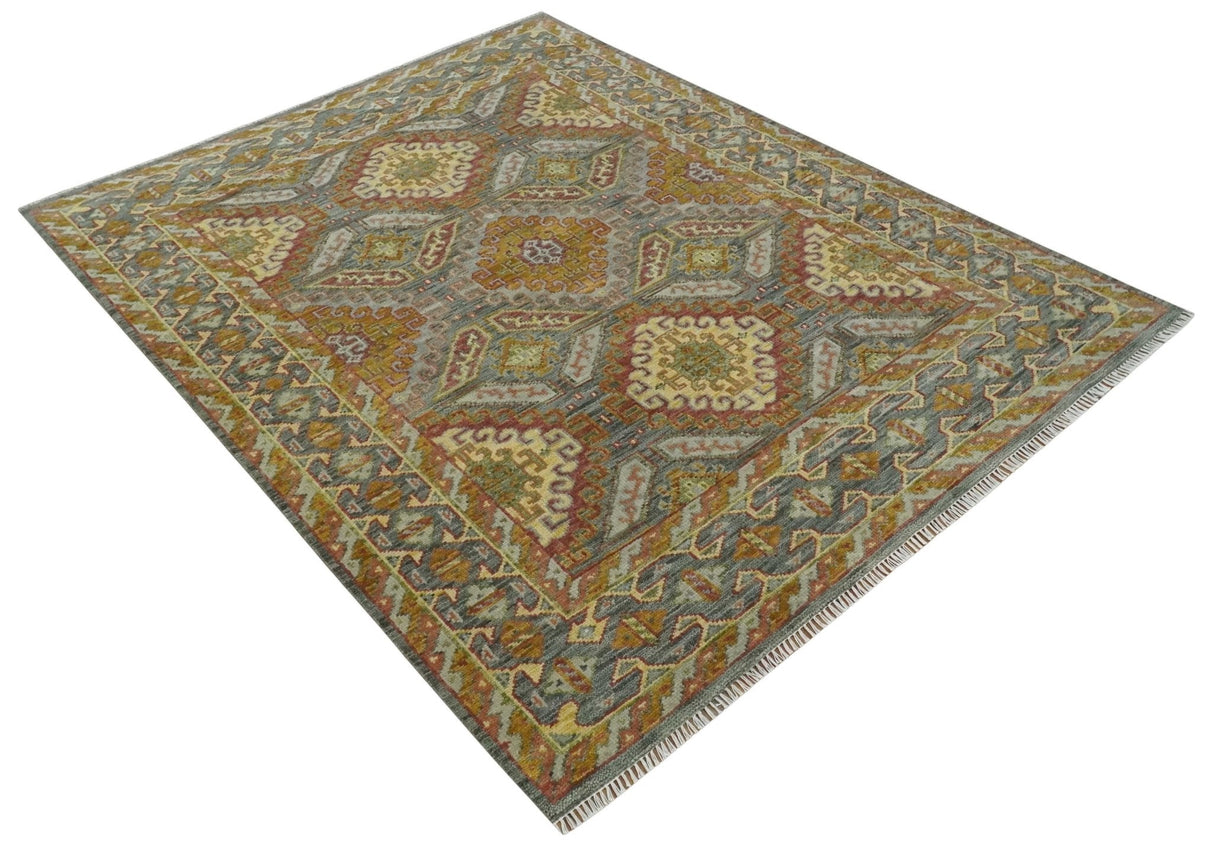 Hand Knotted Gold and Charcoal 8x10 Oriental Traditional Wool Area Rug