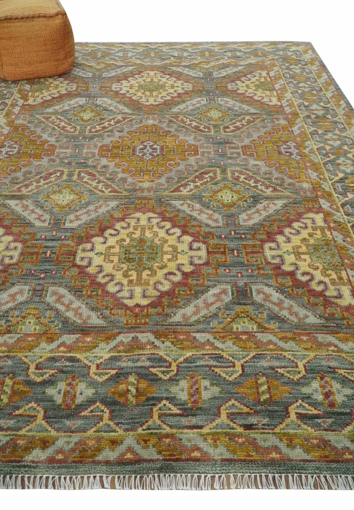 Hand Knotted Gold and Charcoal 8x10 Oriental Traditional Wool Area Rug
