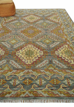 Hand Knotted Gold and Charcoal 8x10 Oriental Traditional Wool Area Rug