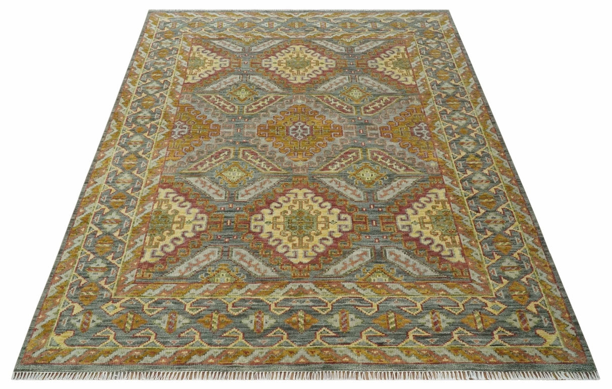 Hand Knotted Gold and Charcoal 8x10 Oriental Traditional Wool Area Rug