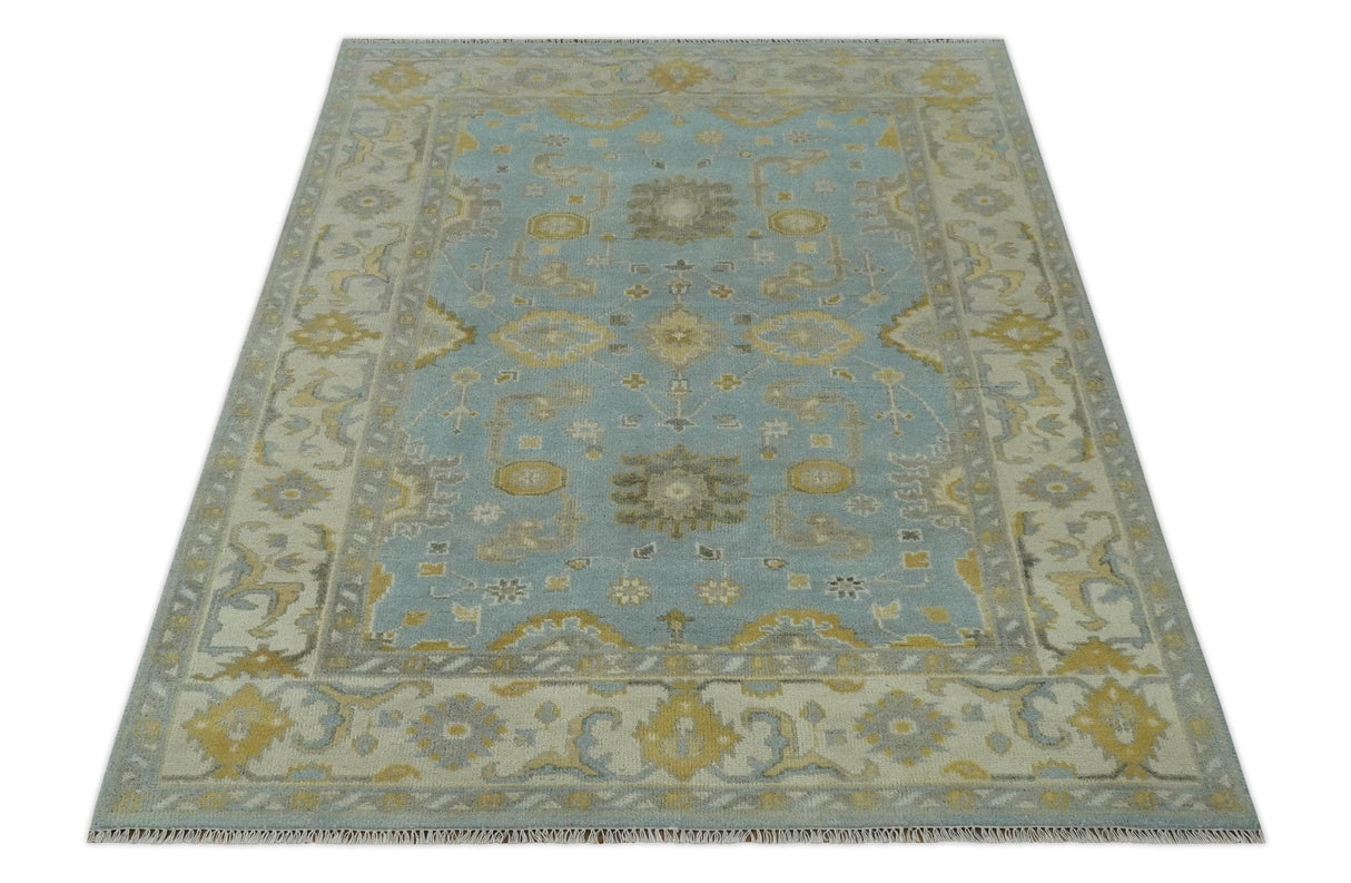Hand Knotted Gray, Ivory and Mustard 6x8.8 Traditional Oriental Oushak wool rug