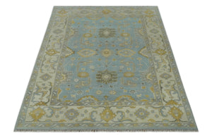 Hand Knotted Gray, Ivory and Mustard 6x8.8 Traditional Oriental Oushak wool rug
