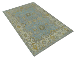 Hand Knotted Gray, Ivory and Mustard 6x8.8 Traditional Oriental Oushak wool rug