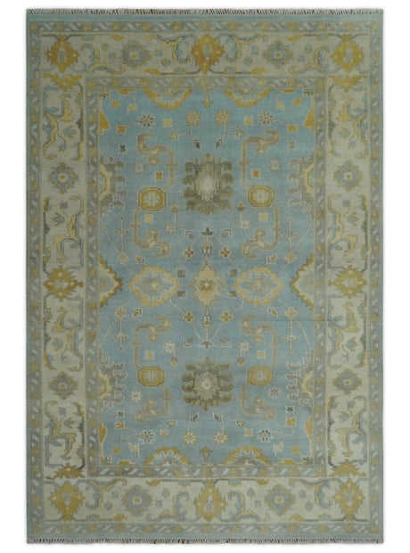 Hand Knotted Gray, Ivory and Mustard 6x8.8 Traditional Oriental Oushak wool rug