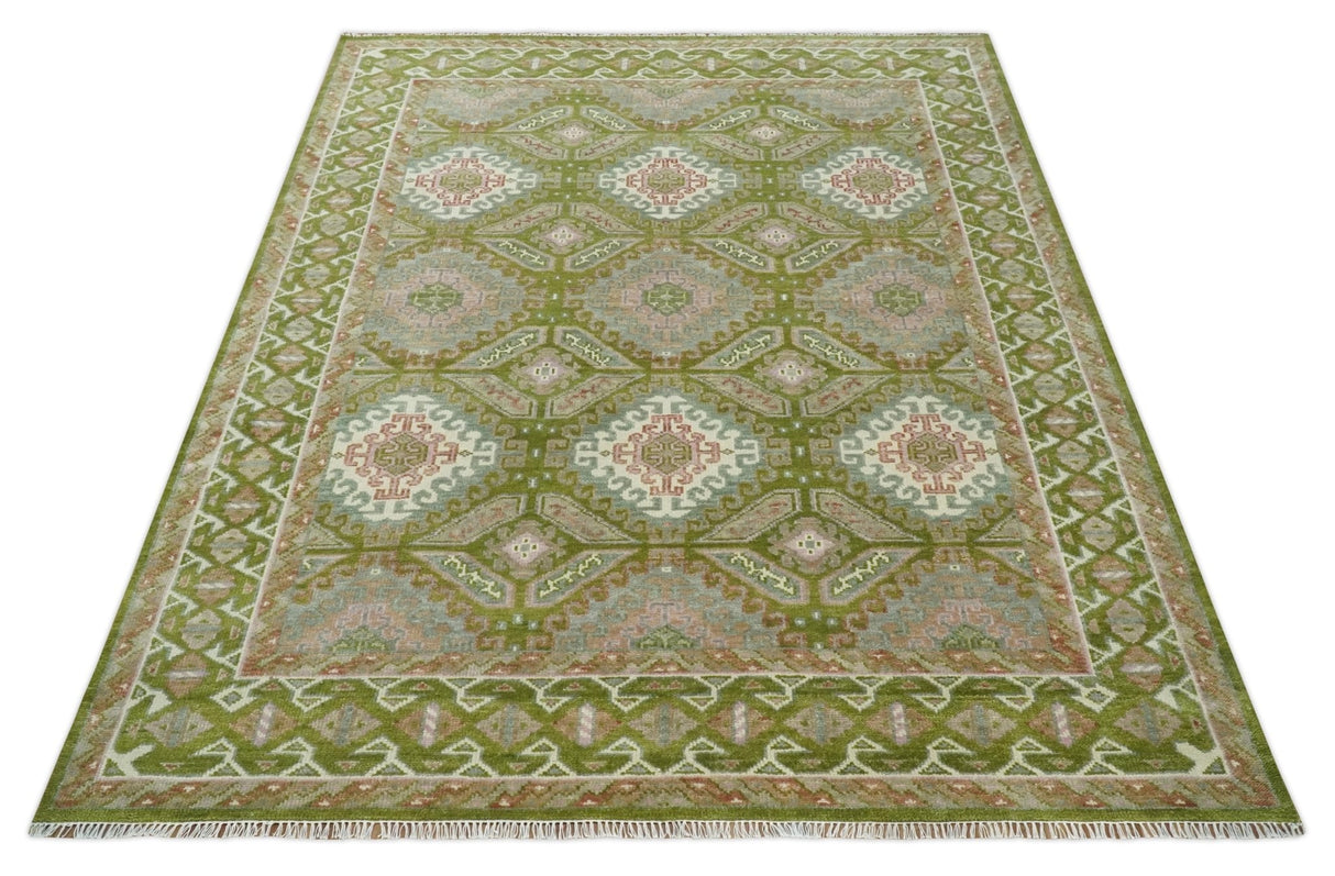 Hand Knotted Green, Ivory and Silver Oriental Traditional 9x12 Wool Area Rug