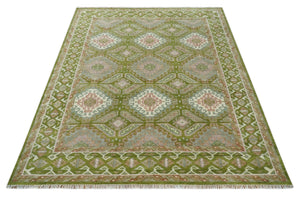 Hand Knotted Green, Ivory and Silver Oriental Traditional 9x12 Wool Area Rug