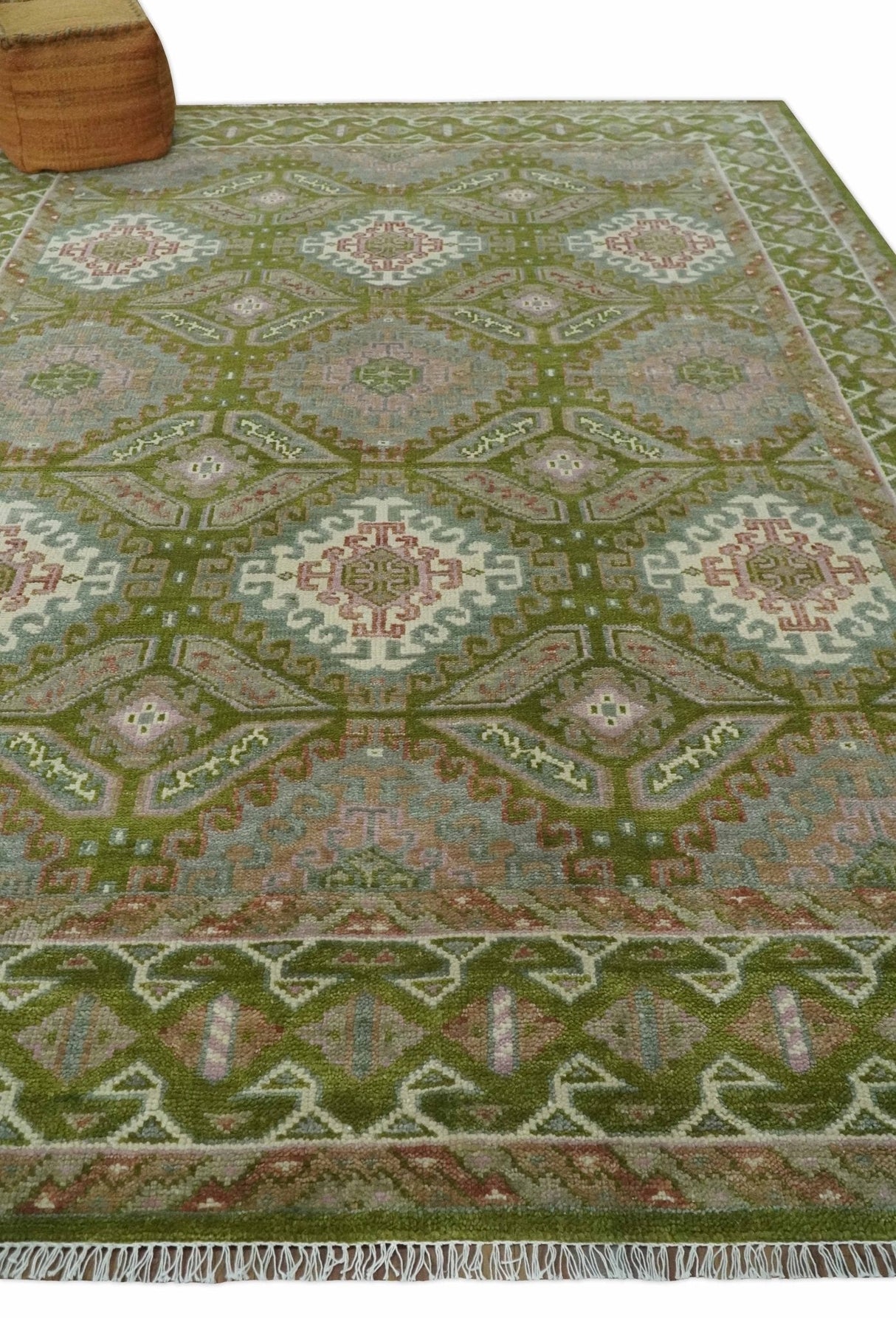 Hand Knotted Green, Ivory and Silver Oriental Traditional 9x12 Wool Area Rug
