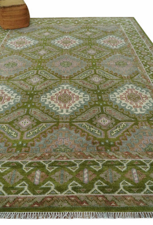 Hand Knotted Green, Ivory and Silver Oriental Traditional 9x12 Wool Area Rug