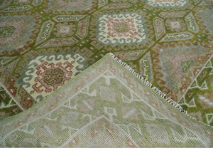 Hand Knotted Green, Ivory and Silver Oriental Traditional 9x12 Wool Area Rug