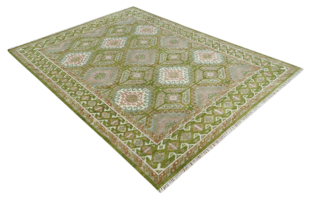 Hand Knotted Green, Ivory and Silver Oriental Traditional 9x12 Wool Area Rug