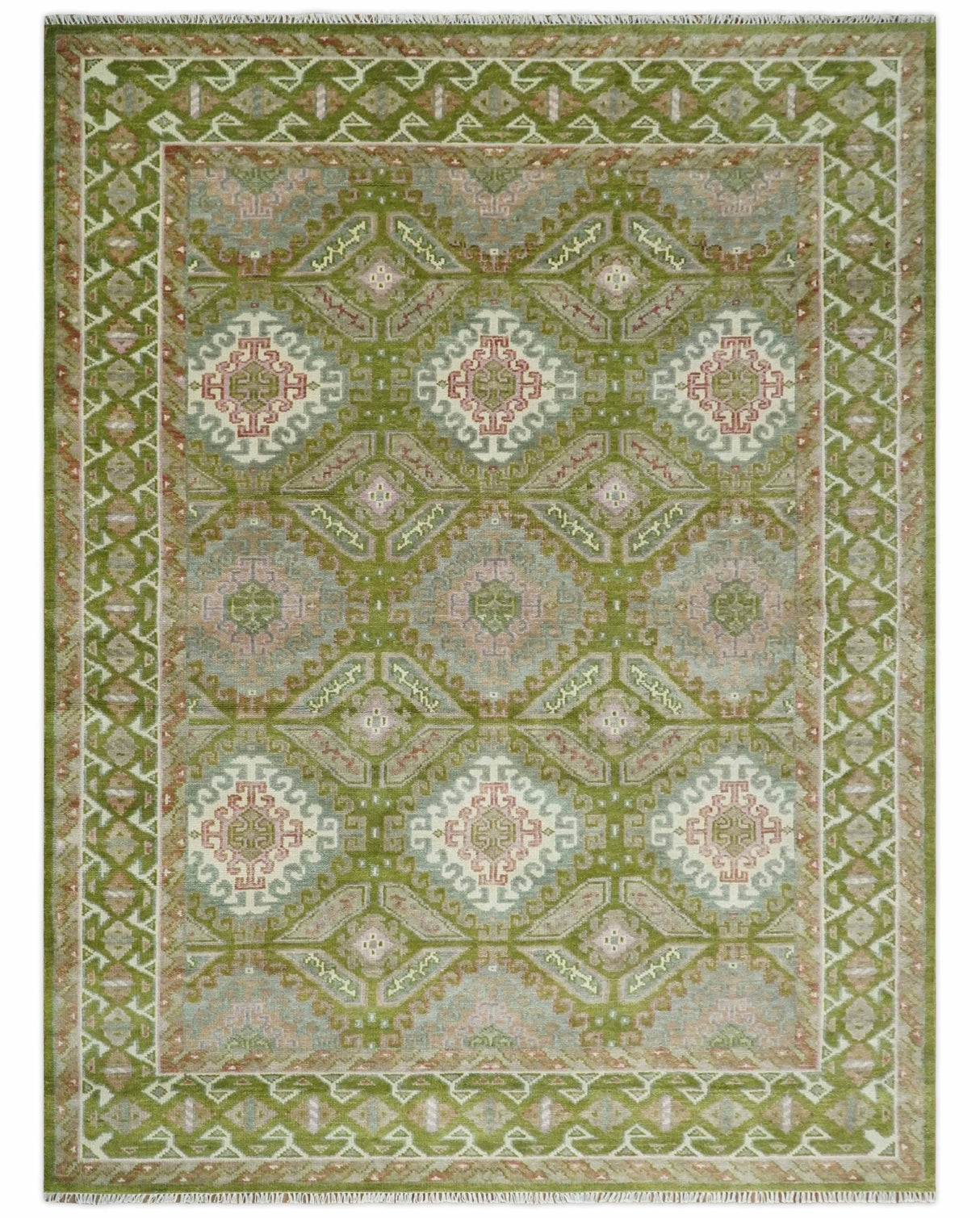 Hand Knotted Green, Ivory and Silver Oriental Traditional 9x12 Wool Area Rug