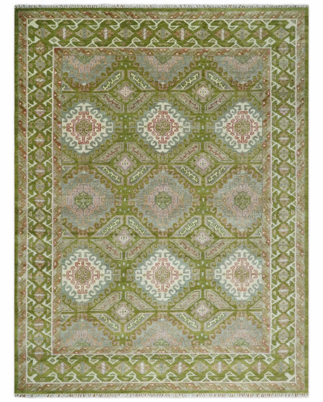Hand Knotted Green, Ivory and Silver Oriental Traditional 9x12 Wool Area Rug