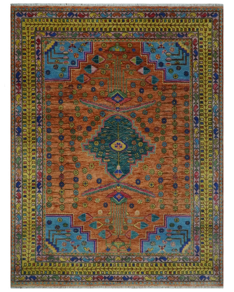 Hand Knotted Green, Rust, Yellow, Pink and Blue Traditional Floral 9x12 and 10x14 Wool Area Rug
