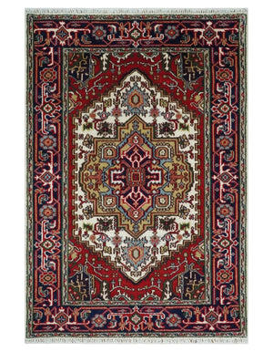 Hand Knotted Ivory, Brown and Blue 4x6 Traditional Antique Style Wool Area Rug