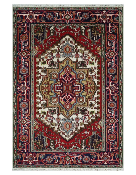 Hand Knotted Ivory, Brown and Blue 4x6 Traditional Antique Style Wool Area Rug