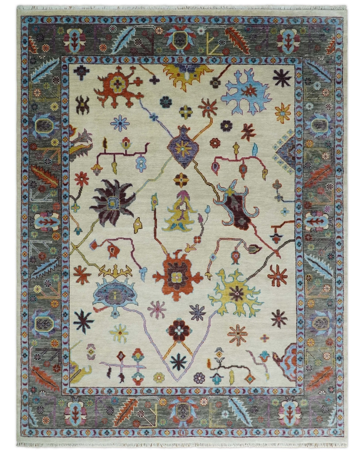 Hand Knotted Ivory, Gray and Blue Traditional Oushak Multi Size Wool Area Rug
