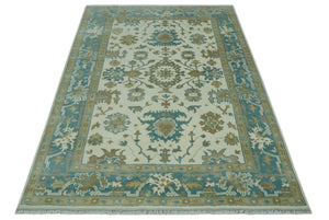 Hand Knotted Ivory, Teal and Beige Traditional Oriental Oushak Multi Size wool rug