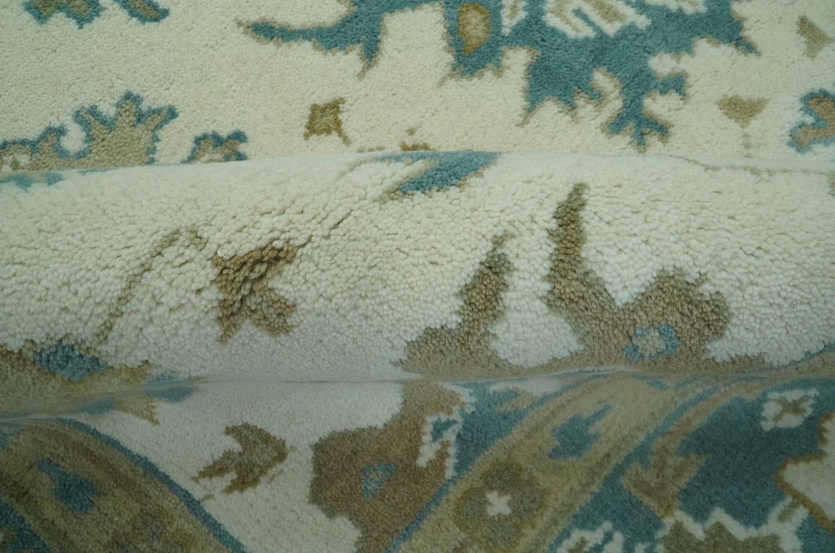 Hand Knotted Ivory, Teal and Beige Traditional Oriental Oushak Multi Size wool rug
