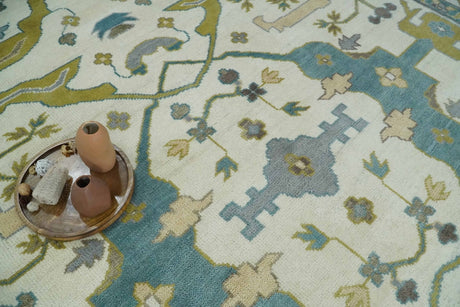 Hand Knotted Ivory, Teal and Olive Oriental Oushak 9x12 Wool Area Rug