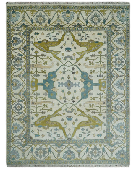Hand Knotted Ivory, Teal and Olive Oriental Oushak 9x12 Wool Area Rug