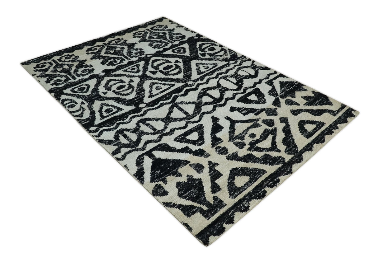 Hand Knotted Ivory and Black Antique Design Contemporary Recycled Silk Area Rug