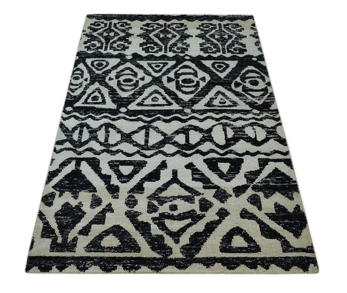 Hand Knotted Ivory and Black Antique Design Contemporary Recycled Silk Area Rug
