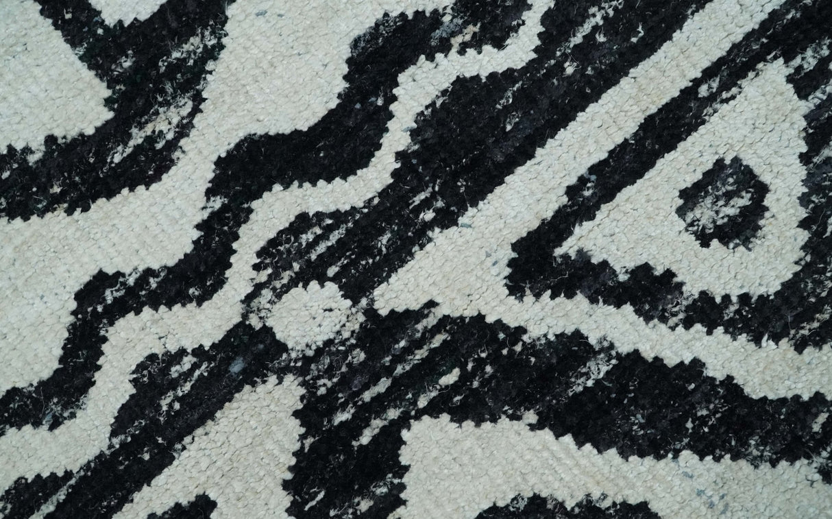 Hand Knotted Ivory and Black Antique Design Contemporary Recycled Silk Area Rug