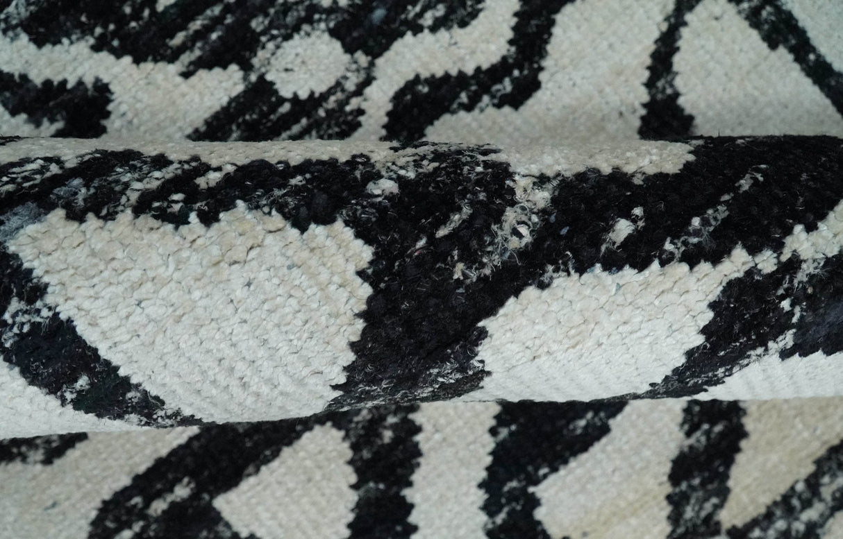 Hand Knotted Ivory and Black Antique Design Contemporary Recycled Silk Area Rug