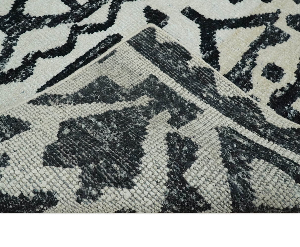 Hand Knotted Ivory and Black Antique Design Contemporary Recycled Silk Area Rug