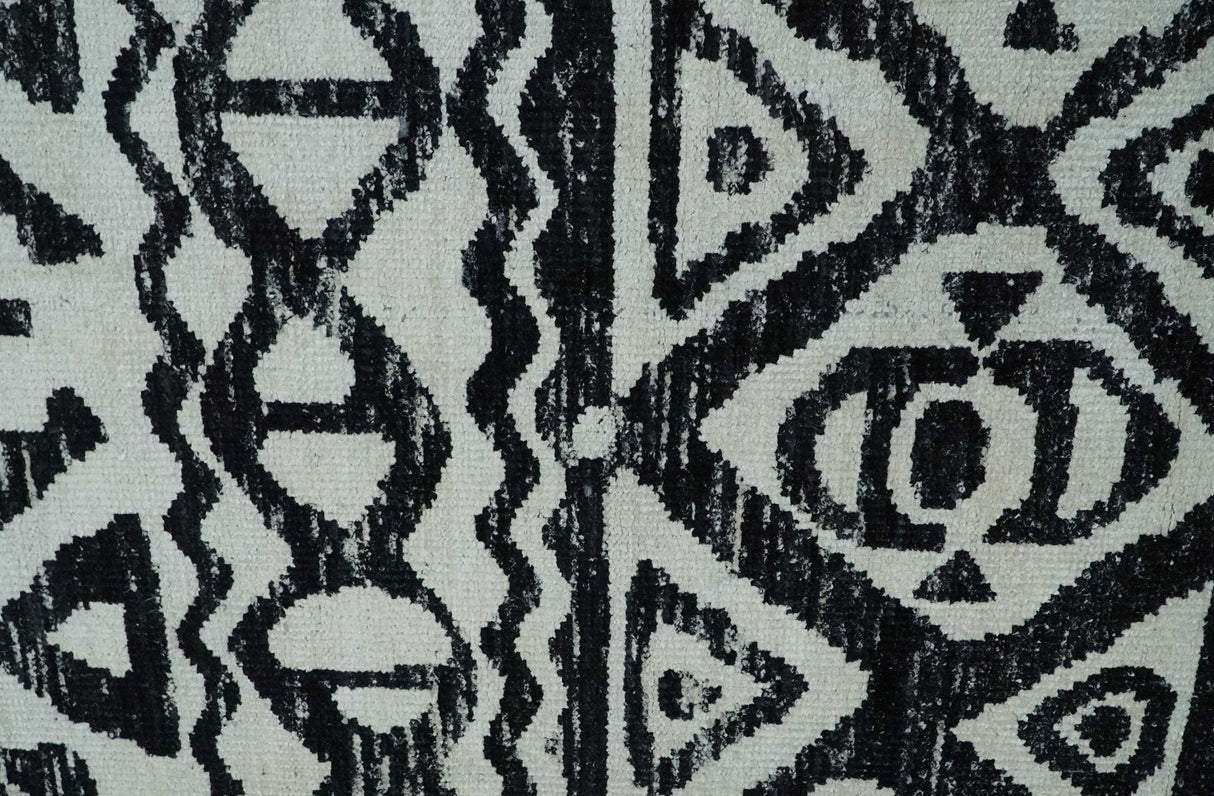 Hand Knotted Ivory and Black Antique Design Contemporary Recycled Silk Area Rug