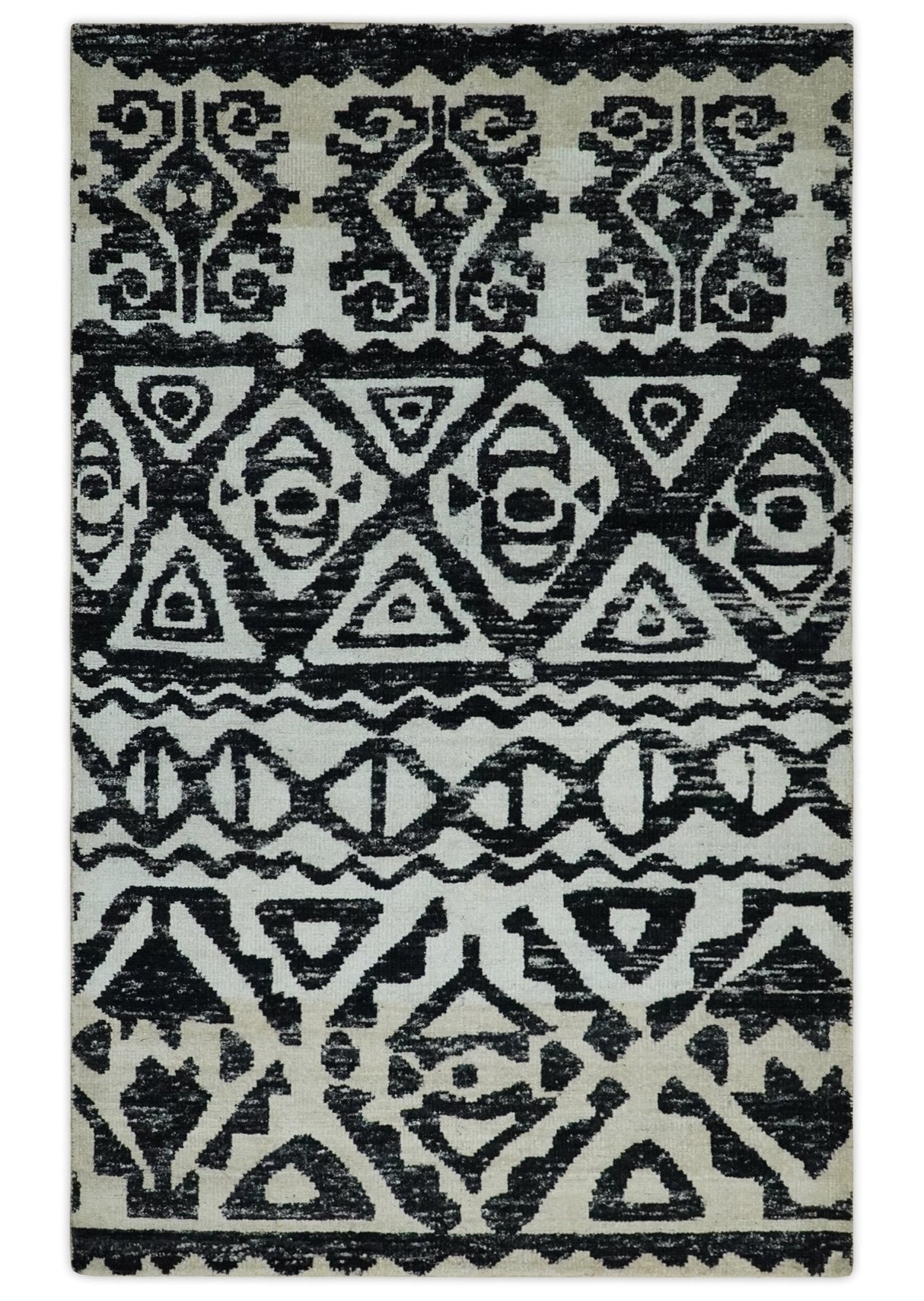 Hand Knotted Ivory and Black Antique Design Contemporary Recycled Silk Area Rug