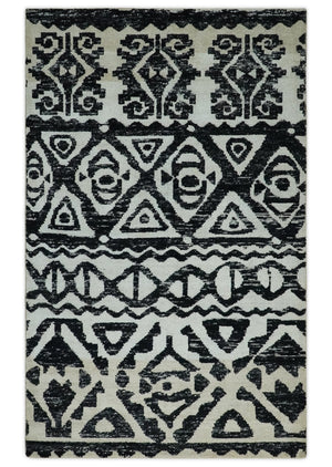 Hand Knotted Ivory and Black Antique Design Contemporary Recycled Silk Area Rug