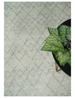 Hand Knotted Ivory and Gray 8x10 and 9x12 Trellis Moroccan Rug Made with Fine Wool | TRDCP647