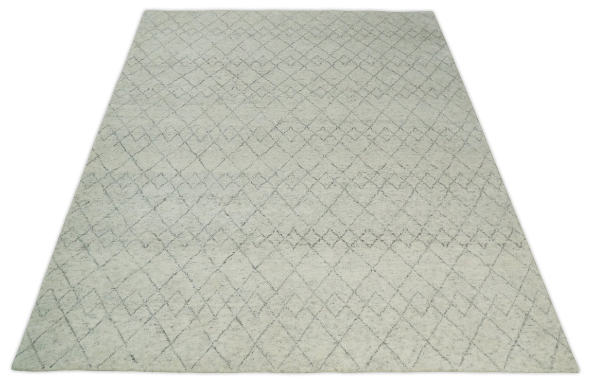 Hand Knotted Ivory and Gray 8x10 and 9x12 Trellis Moroccan Rug Made with Fine Wool | TRDCP647