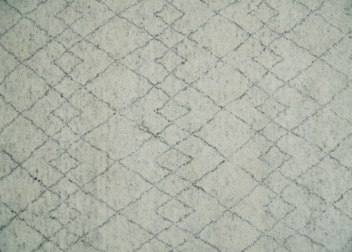 Hand Knotted Ivory and Gray 8x10 and 9x12 Trellis Moroccan Rug Made with Fine Wool | TRDCP647