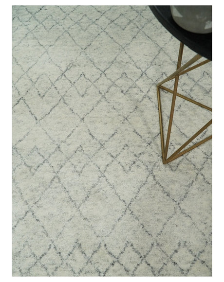 Hand Knotted Ivory and Gray 8x10 and 9x12 Trellis Moroccan Rug Made with Fine Wool | TRDCP647