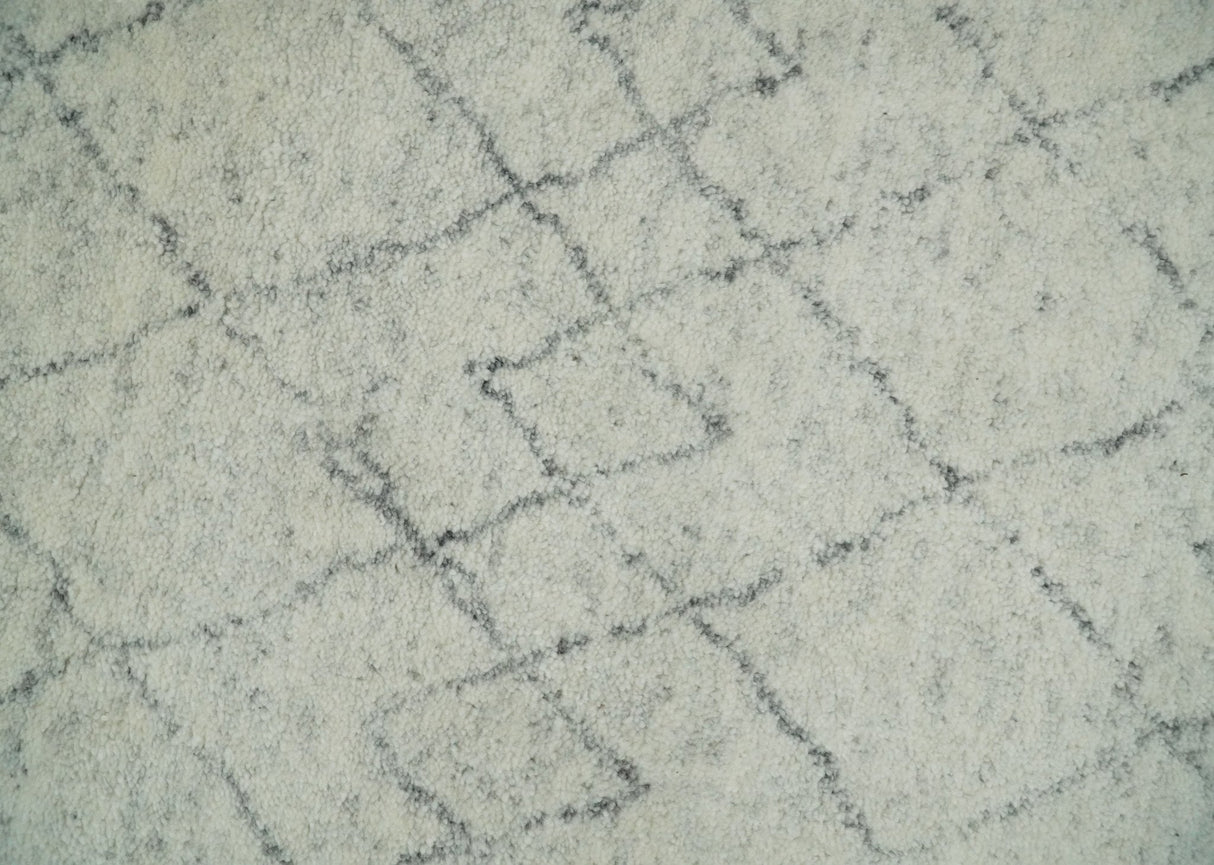 Hand Knotted Ivory and Gray 8x10 and 9x12 Trellis Moroccan Rug Made with Fine Wool | TRDCP647