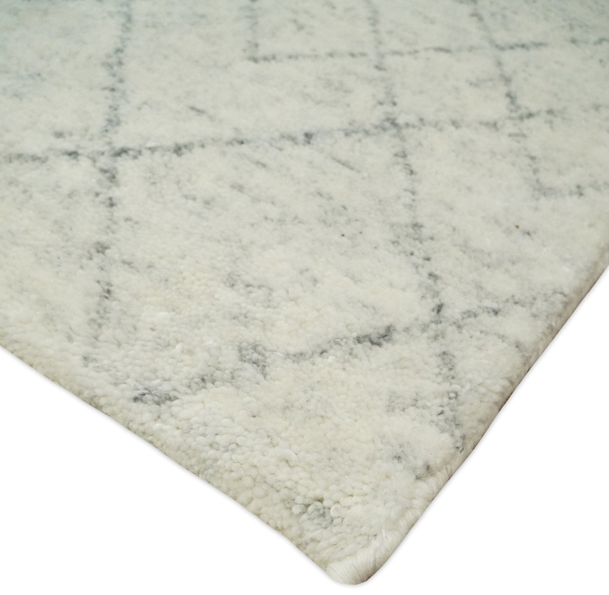 Hand Knotted Ivory and Gray 8x10 and 9x12 Trellis Moroccan Rug Made with Fine Wool | TRDCP647
