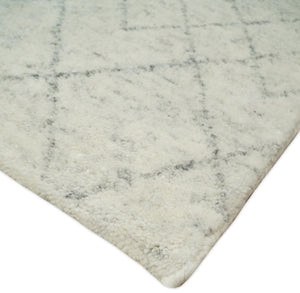 Hand Knotted Ivory and Gray 8x10 and 9x12 Trellis Moroccan Rug Made with Fine Wool | TRDCP647