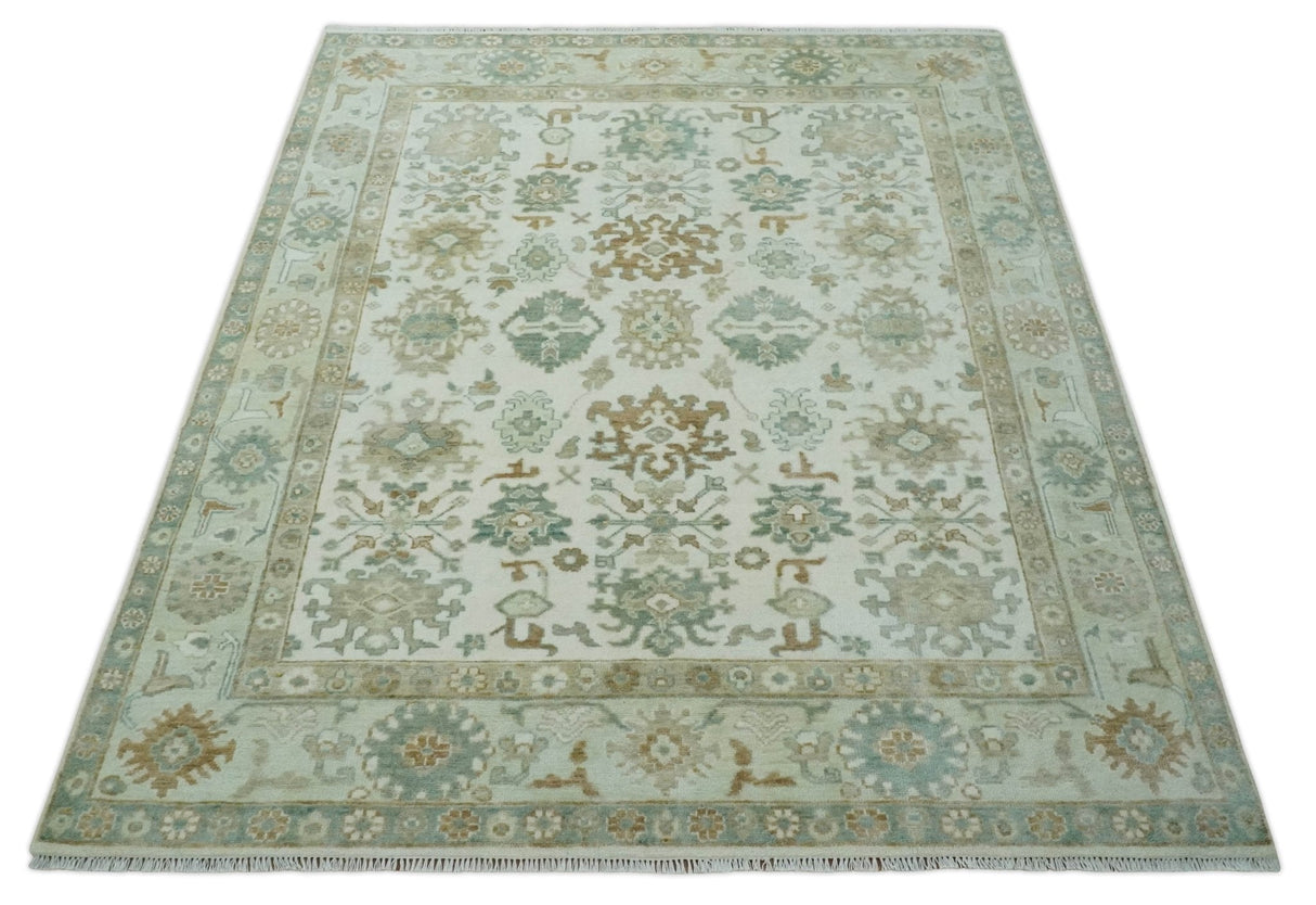 Hand Knotted Ivory and Silver 8x10 Traditional Oushak Wool Area Rug
