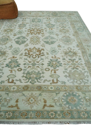 Hand Knotted Ivory and Silver 8x10 Traditional Oushak Wool Area Rug