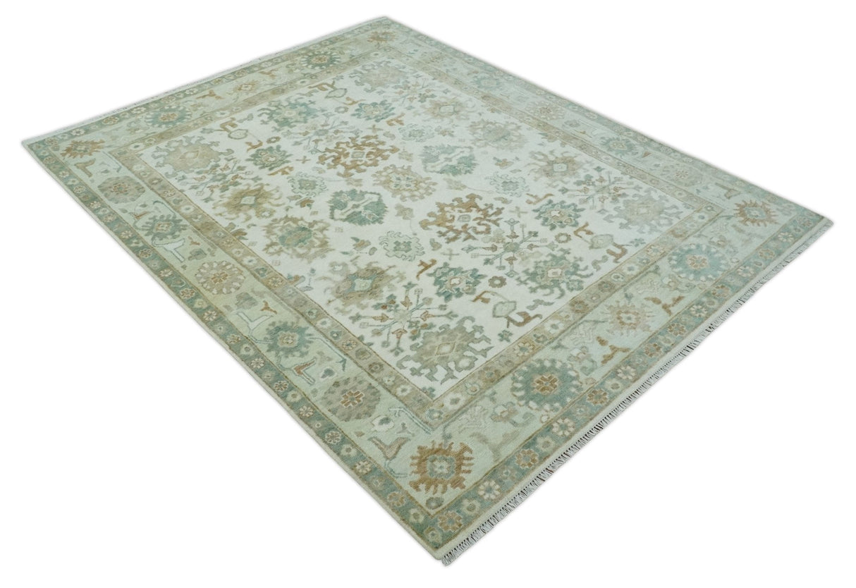 Hand Knotted Ivory and Silver 8x10 Traditional Oushak Wool Area Rug