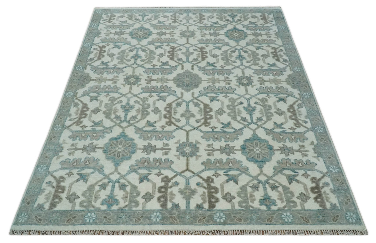Hand Knotted Ivory and Teal 8x10 and 11x11 Square Oushak Wool Area Rug