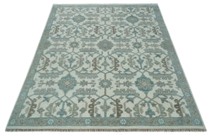 Hand Knotted Ivory and Teal 8x10 and 11x11 Square Oushak Wool Area Rug