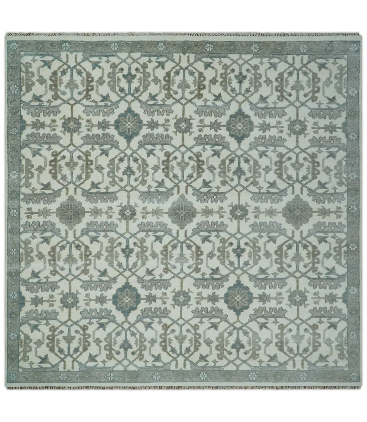 Hand Knotted Ivory and Teal 8x10 and 11x11 Square Oushak Wool Area Rug