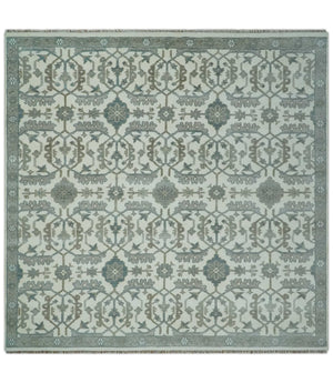 Hand Knotted Ivory and Teal 8x10 and 11x11 Square Oushak Wool Area Rug
