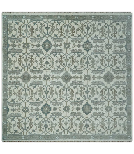 Hand Knotted Ivory and Teal 8x10 and 11x11 Square Oushak Wool Area Rug